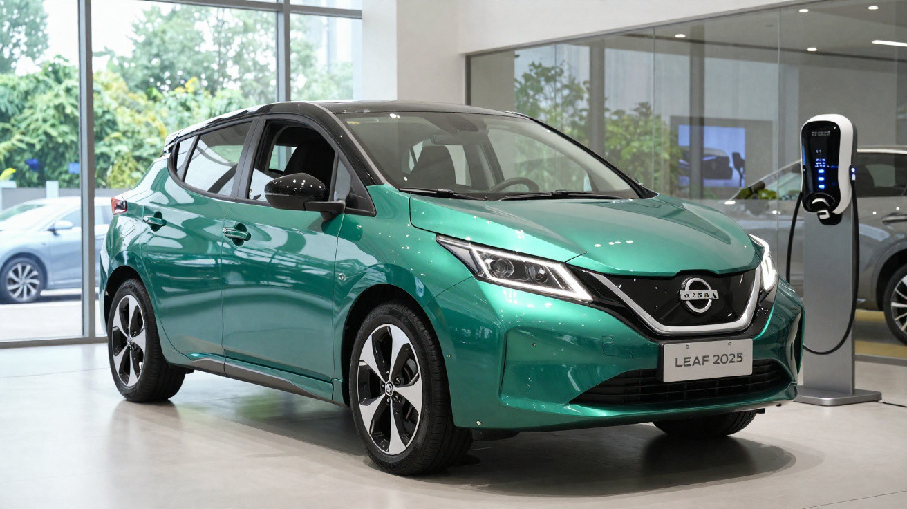 Carro elétrico Nissan Leaf 2025 verde em showroom, conectado a estação de recarga.