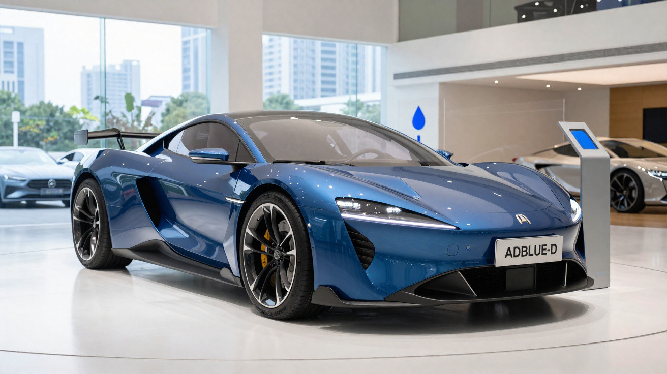 Carro esportivo azul metálico em exposição dentro de showroom moderno com grandes janelas.