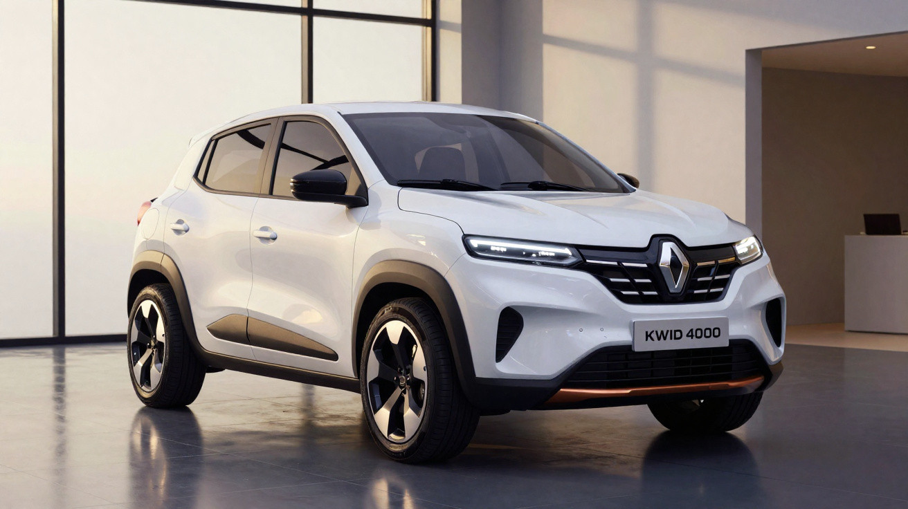 Carro branco Renault Kwid 4000 estacionado em ambiente interno com iluminação natural.