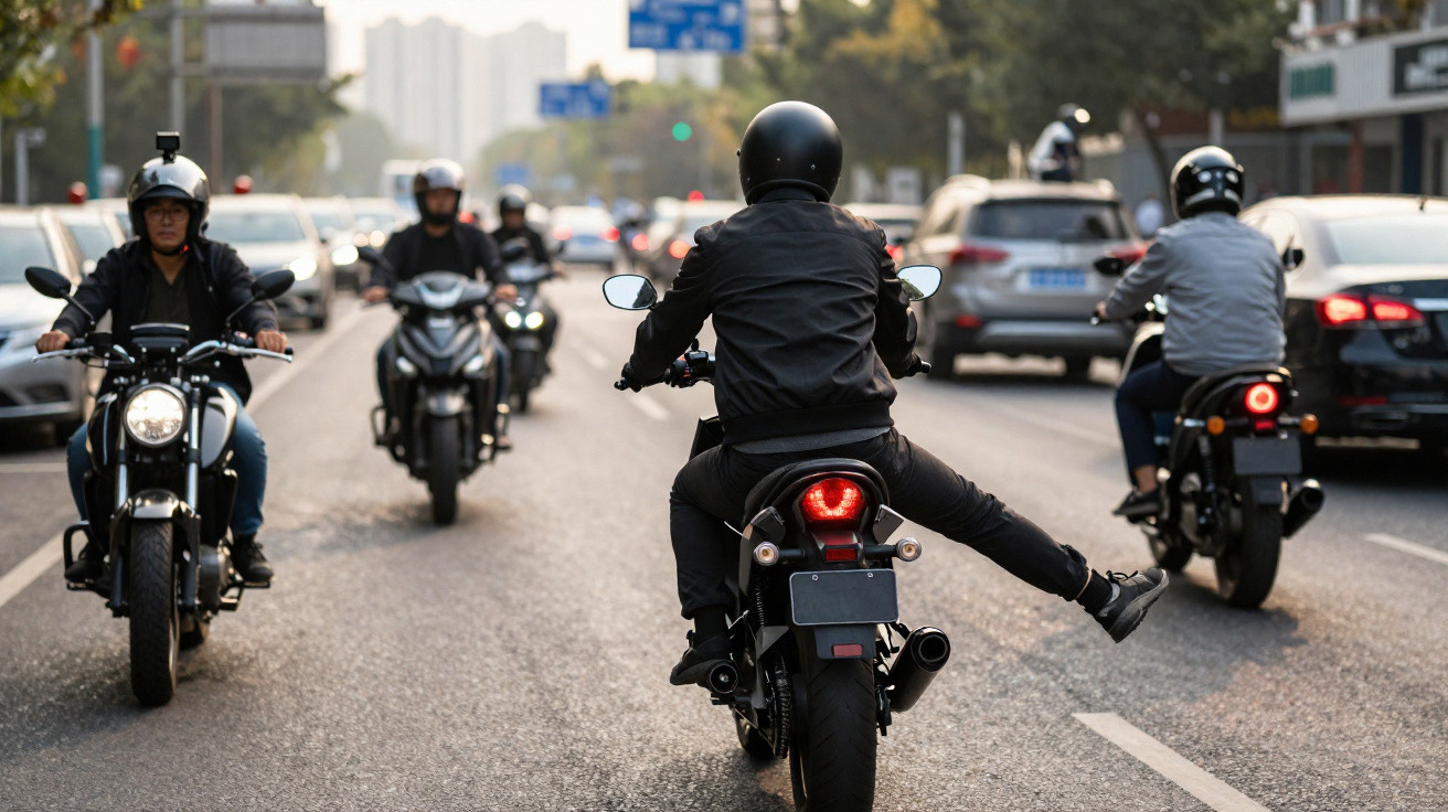 Quatro motociclistas usando capacetes circulam em rua movimentada com carros ao redor ao entardecer.