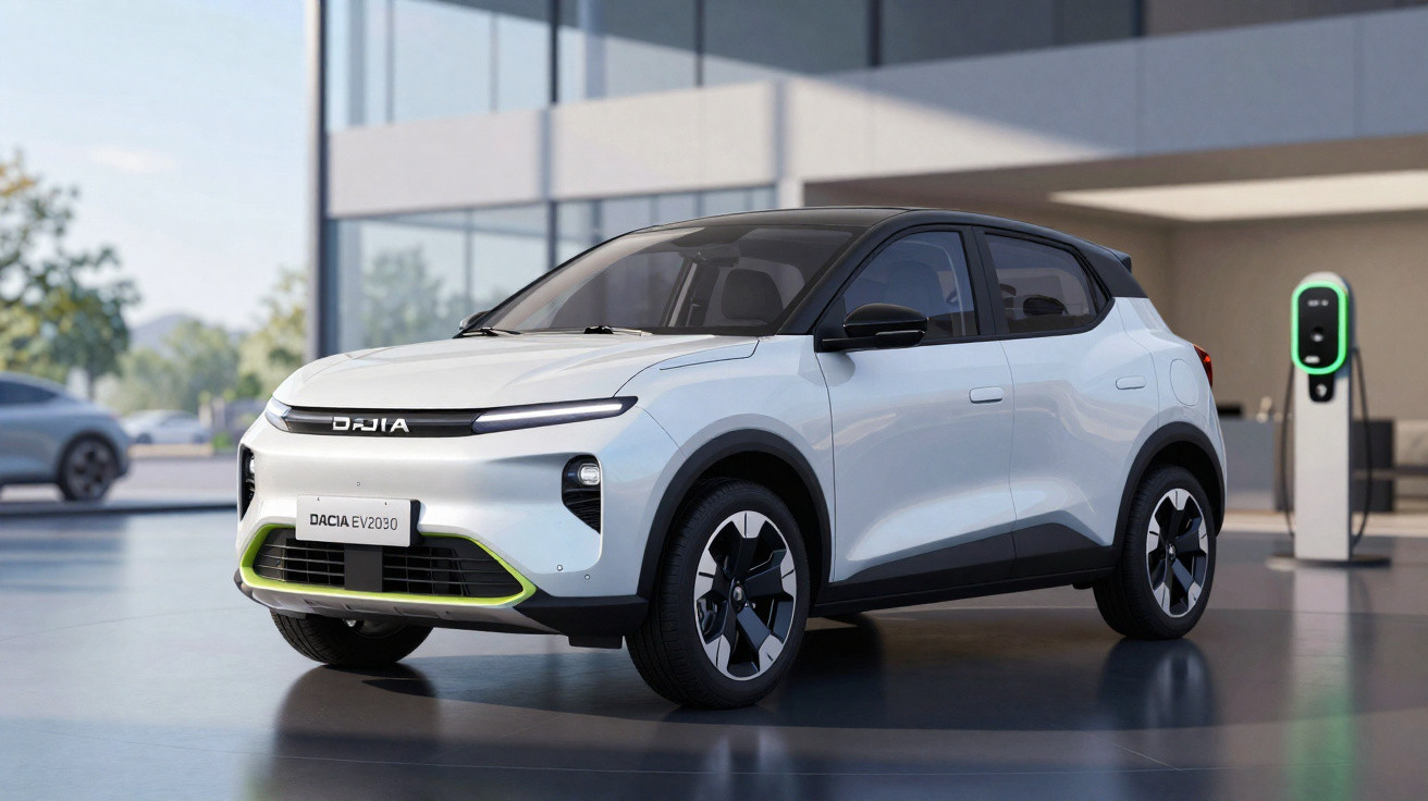 Carro elétrico branco Dacia EV2030 estacionado em ambiente moderno com estação de recarga ao fundo.