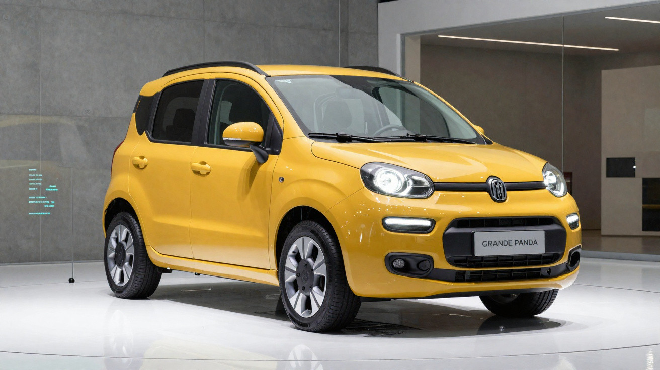 Carro compacto Fiat Grande Panda amarelo exibido em ambiente interno com piso branco e paredes de concreto.