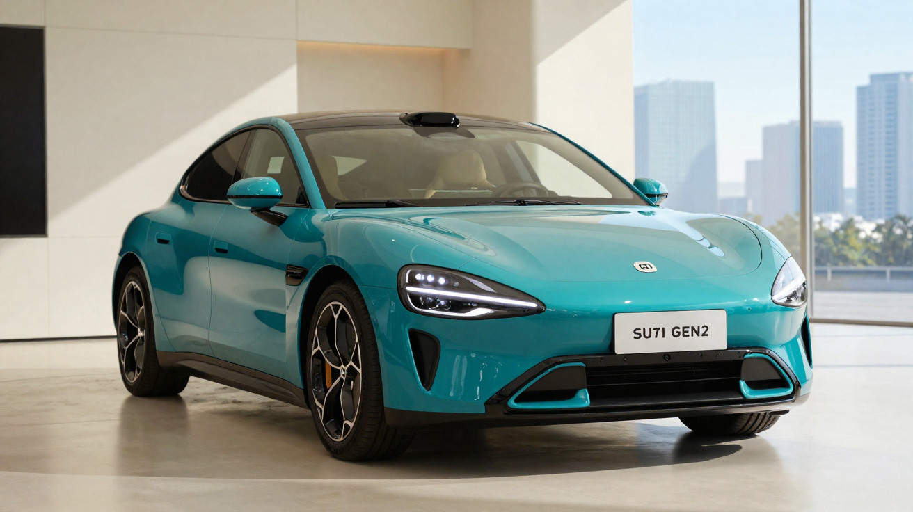 Carro elétrico azul claro modelo SU71 GEN2 em exposição interna com prédios ao fundo.