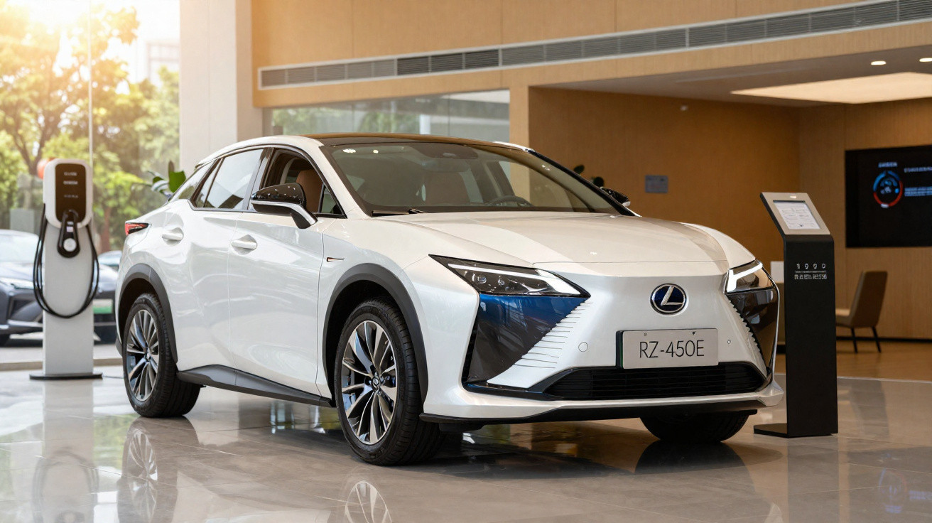 Carro elétrico branco Lexus RZ-450E em exposição interna com estação de recarga ao fundo.