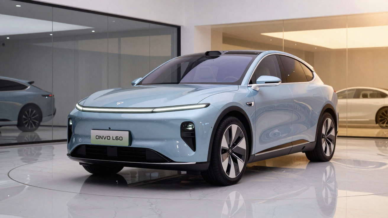 Carro elétrico elétrico azul Onvo L60 em exposição em showroom moderno com piso branco brilhoso.