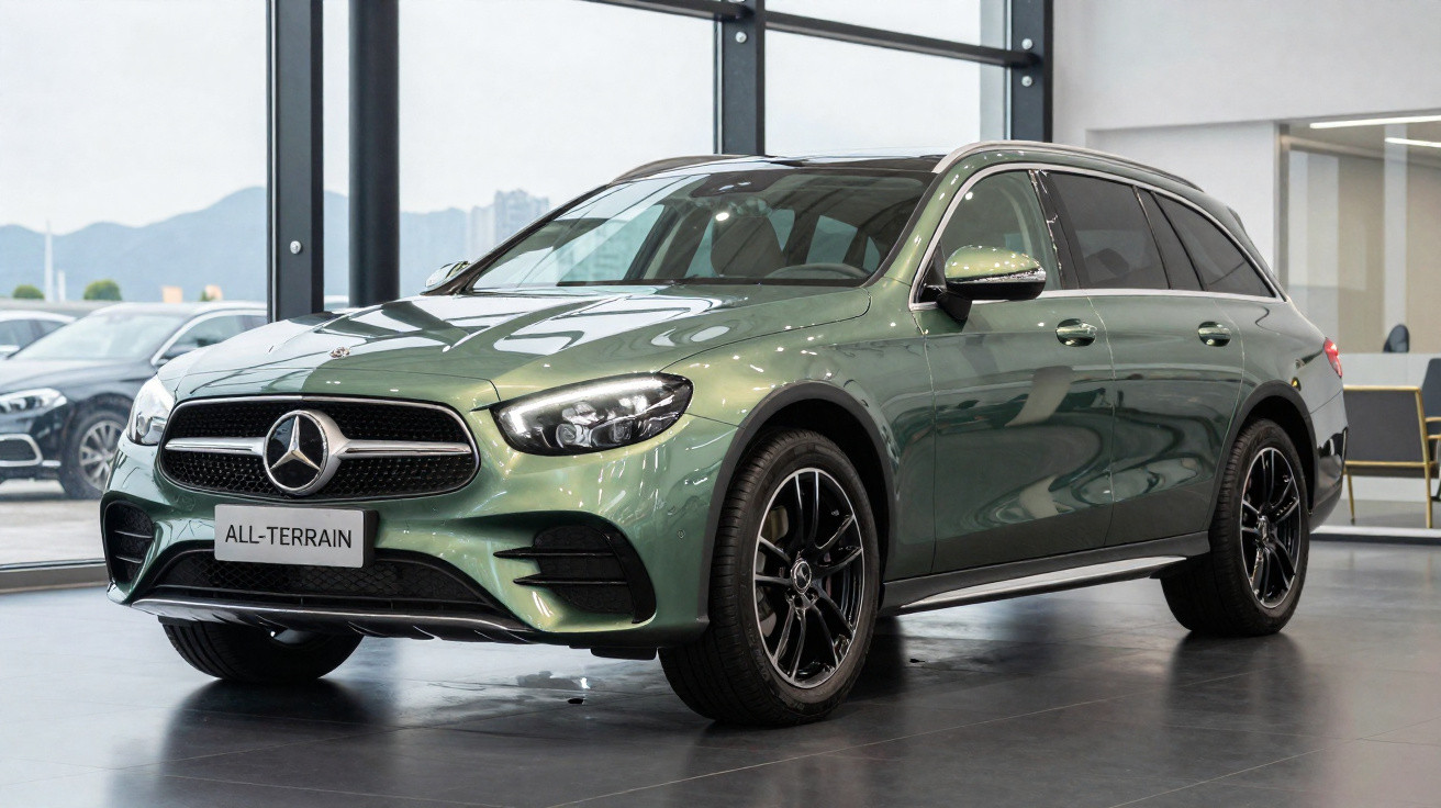 Carro Mercedes-Benz All-Terrain verde em exposição dentro de showroom moderno e iluminado.