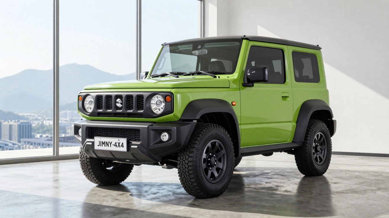 Carro SUV Suzuki Jimny 4x4 verde em ambiente amplo com janelas e vista da cidade ao fundo.
