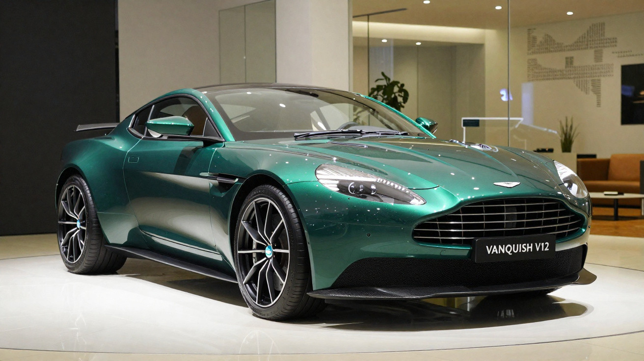 Carro esportivo Aston Martin Vanquish V12 verde em exposição interna com rodas pretas e detalhes cromados.