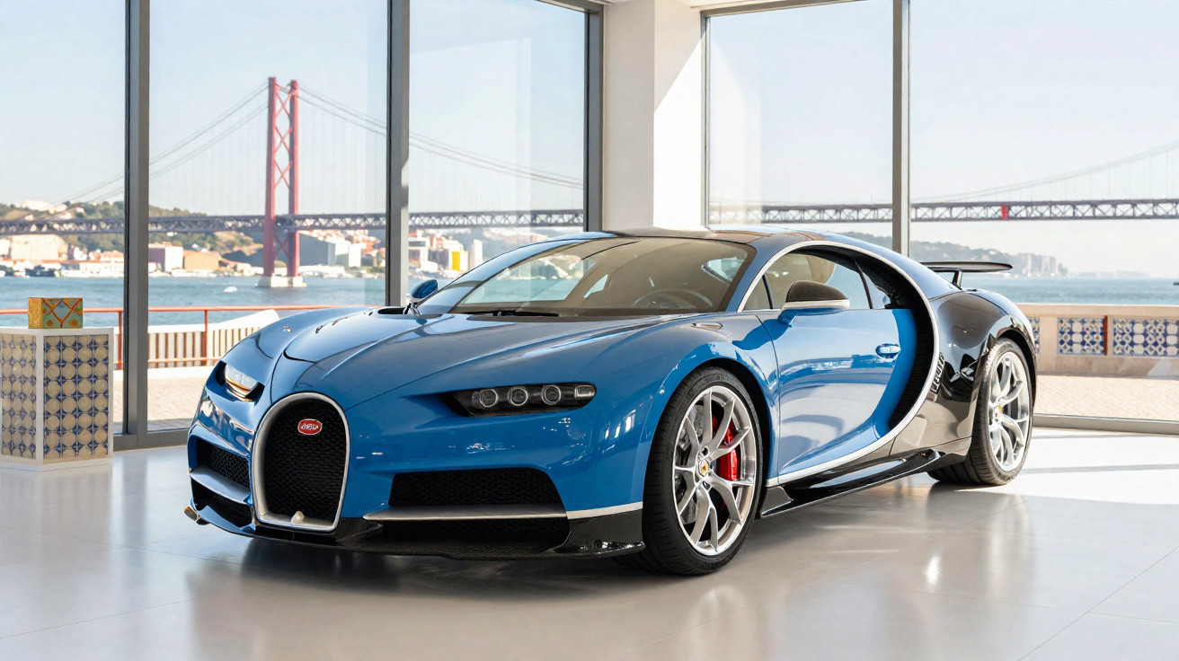 Carro esportivo azul Bugatti Chiron em ambiente interno com janelas grandes e vista para ponte e rio.