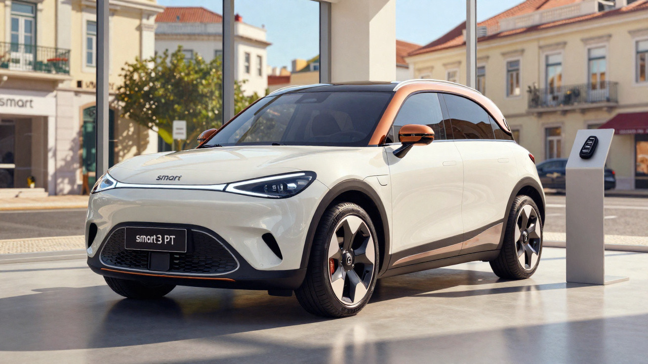 Carro elétrico Smart branco com detalhes em cobre em exposição urbana com estação de carregamento.