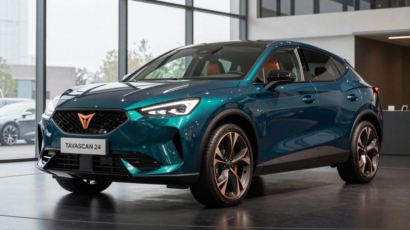 Carro azul metálico modelo Tavascán 24 exibido em ambiente interno moderno.