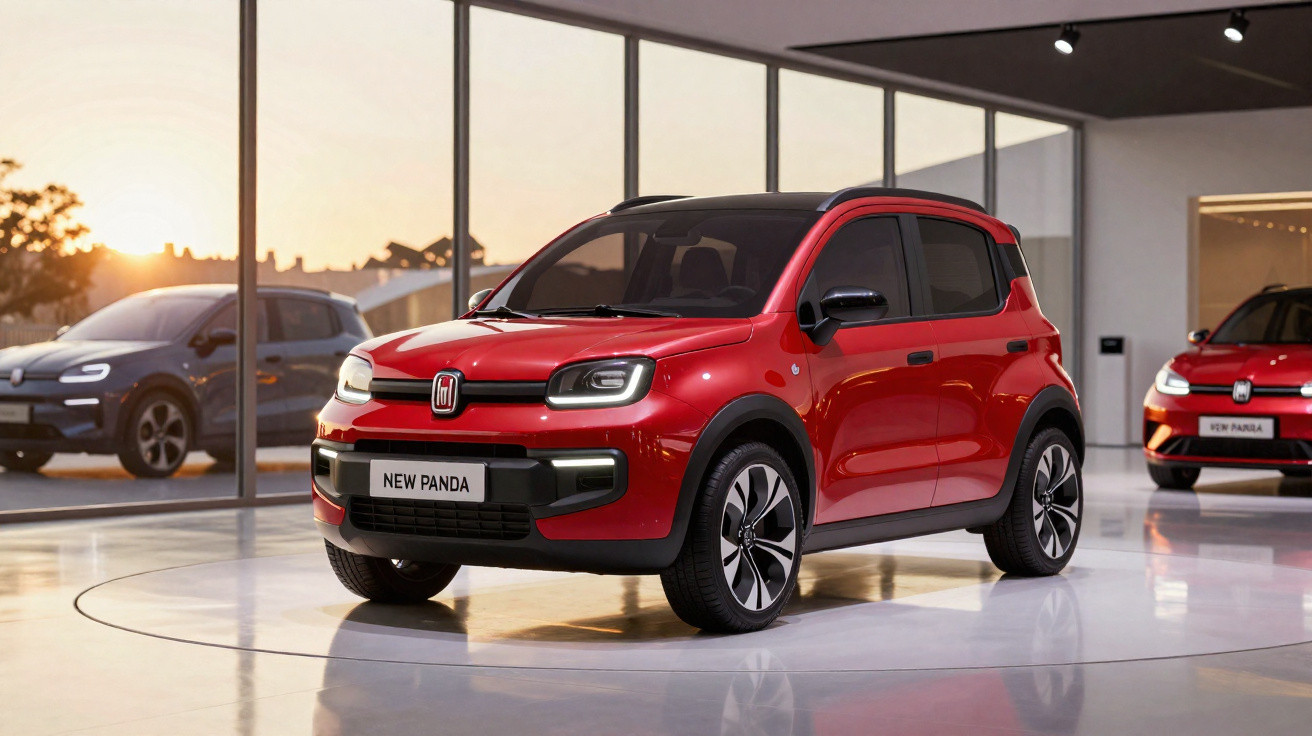 Carro Fiat New Panda vermelho estacionado em showroom moderno com grandes janelas de vidro.