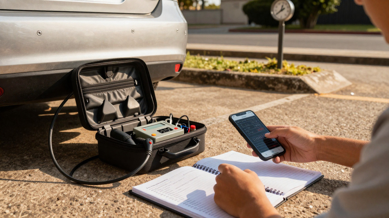 Pessoa usando smartphone e anotações para medir emissões veiculares com equipamento conectado ao escapamento do carro.