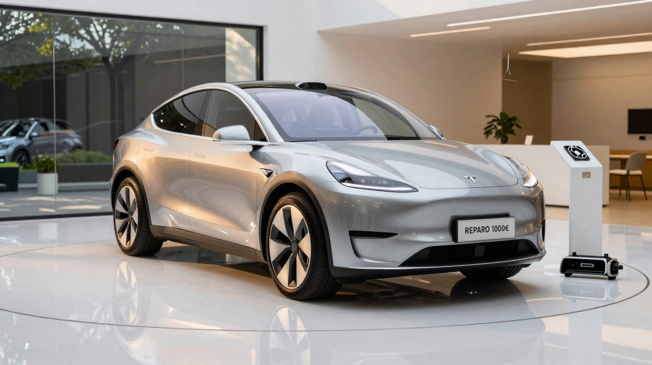 Carro elétrico Tesla prata exibido em showroom moderno com carregador portátil ao lado.
