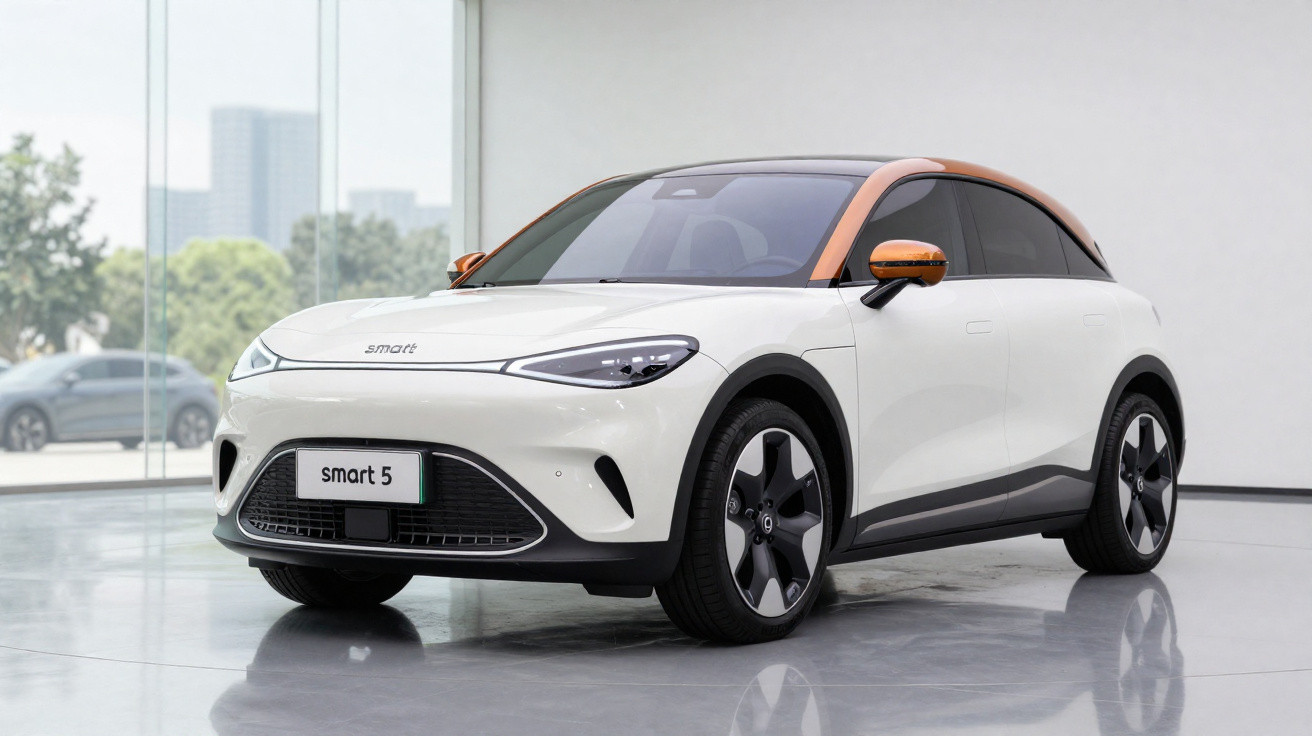 Carro elétrico Smart 5 branco com detalhes em laranja em ambiente interno moderno e iluminado.