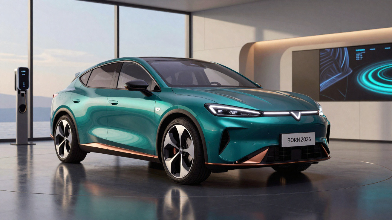Carro elétrico verde com design moderno estacionado em ambiente interno com estação de carregamento.