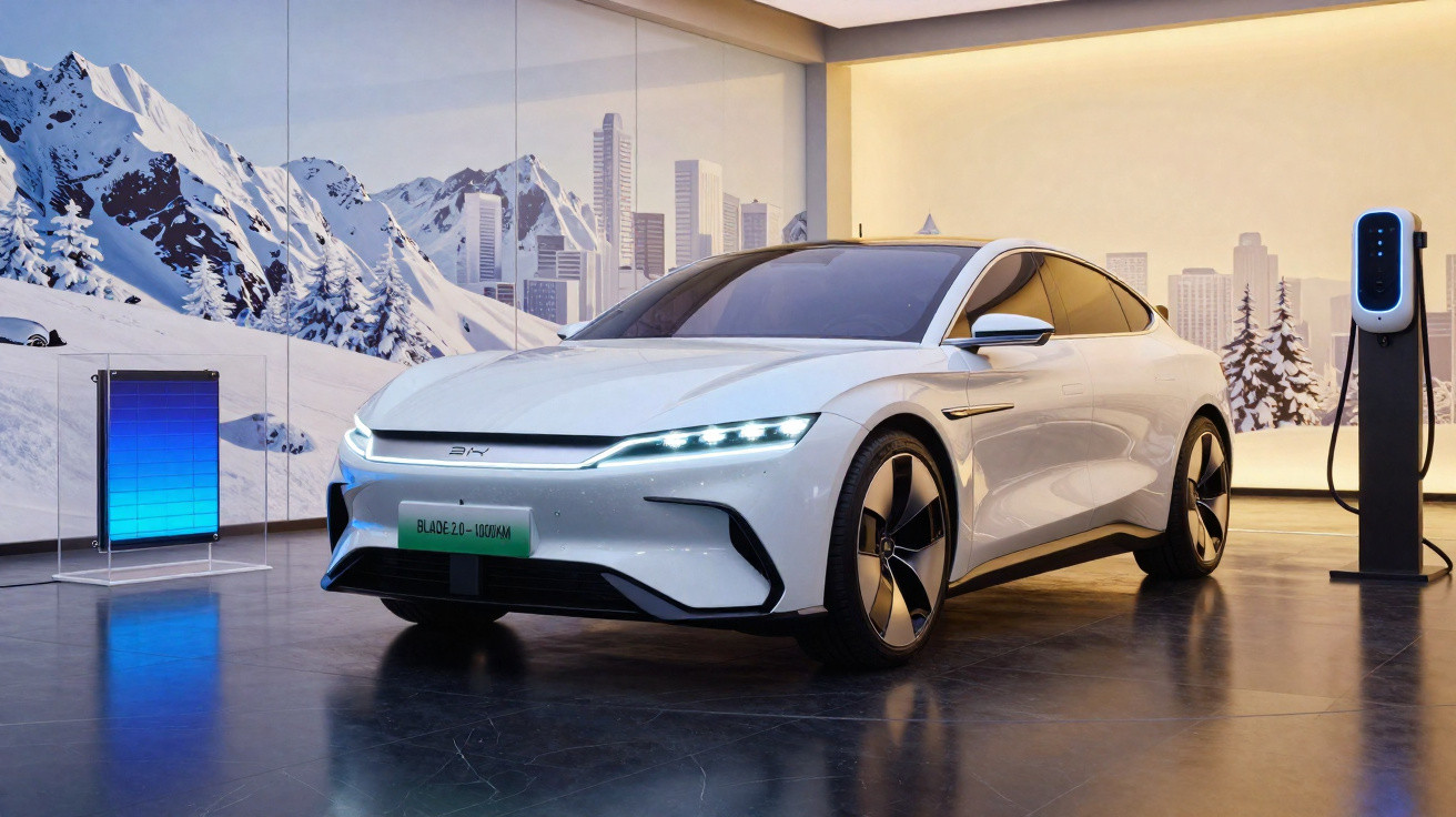 Carro elétrico branco moderno estacionado em ambiente interno com paisagem urbana e montanha nevada ao fundo.