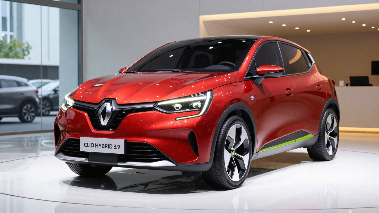 Carro hatch vermelho Renault Clio Hybrid 3.9 exposto em sala de mostra moderna e iluminada.