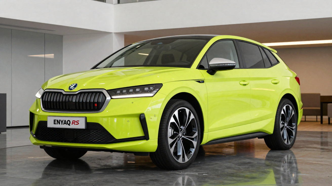 Carro elétrico Škoda Enyaq RS na cor verde-limão em showroom moderno com piso refletivo.