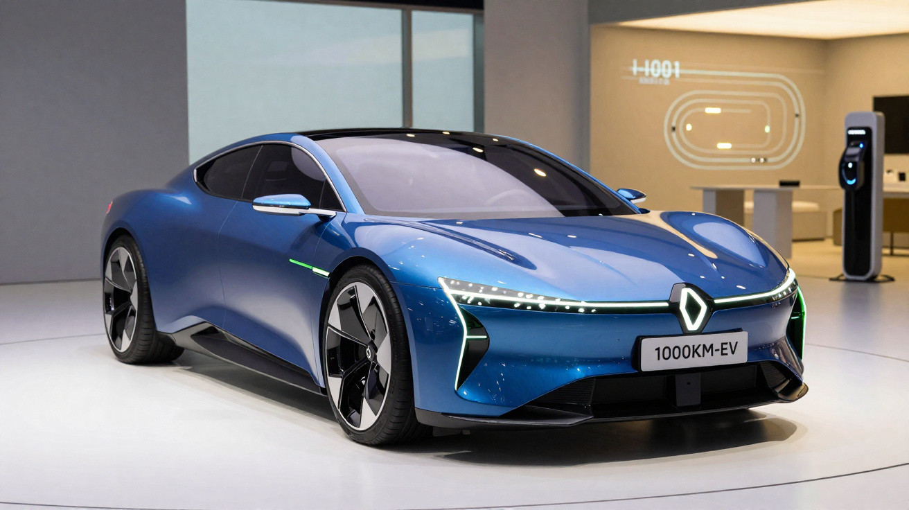 Carro elétrico esportivo azul Renault 1000KM-EV em exposição com design futurista e detalhes iluminados.