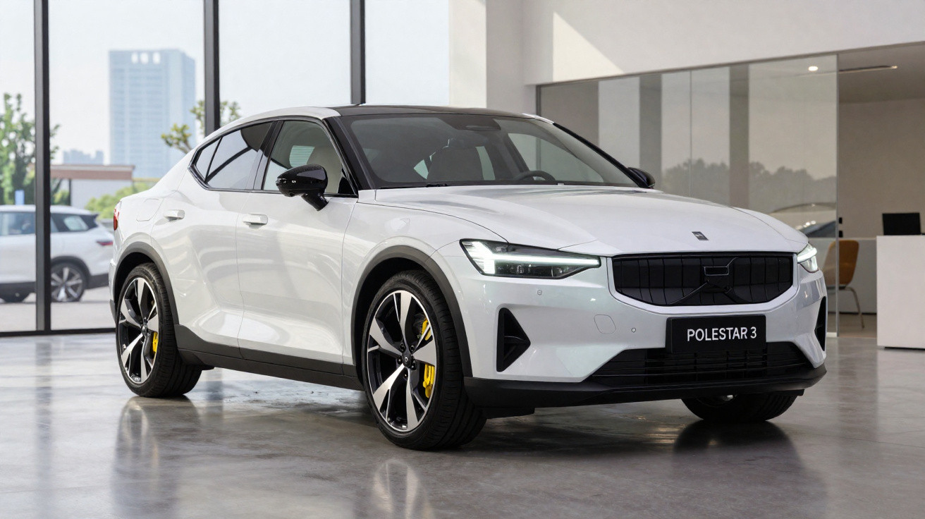 Carro elétrico Polestar 3 branco exibido em showroom moderno com grande janela de vidro e piso de concreto.