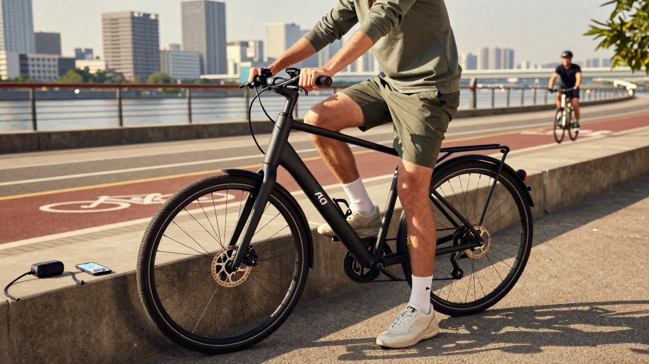 Pessoa com roupas casuais em bicicleta elétrica preta ao ar livre, com cidade ao fundo e outra pessoa pedalando.