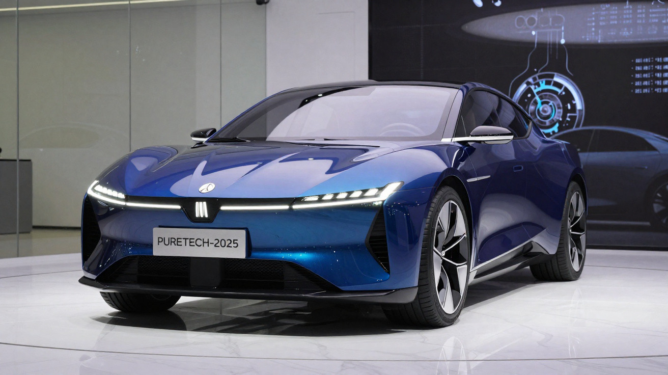 Carro esportivo elétrico azul Puretech-2025 exposto em salão com design futurista e faróis de LED.