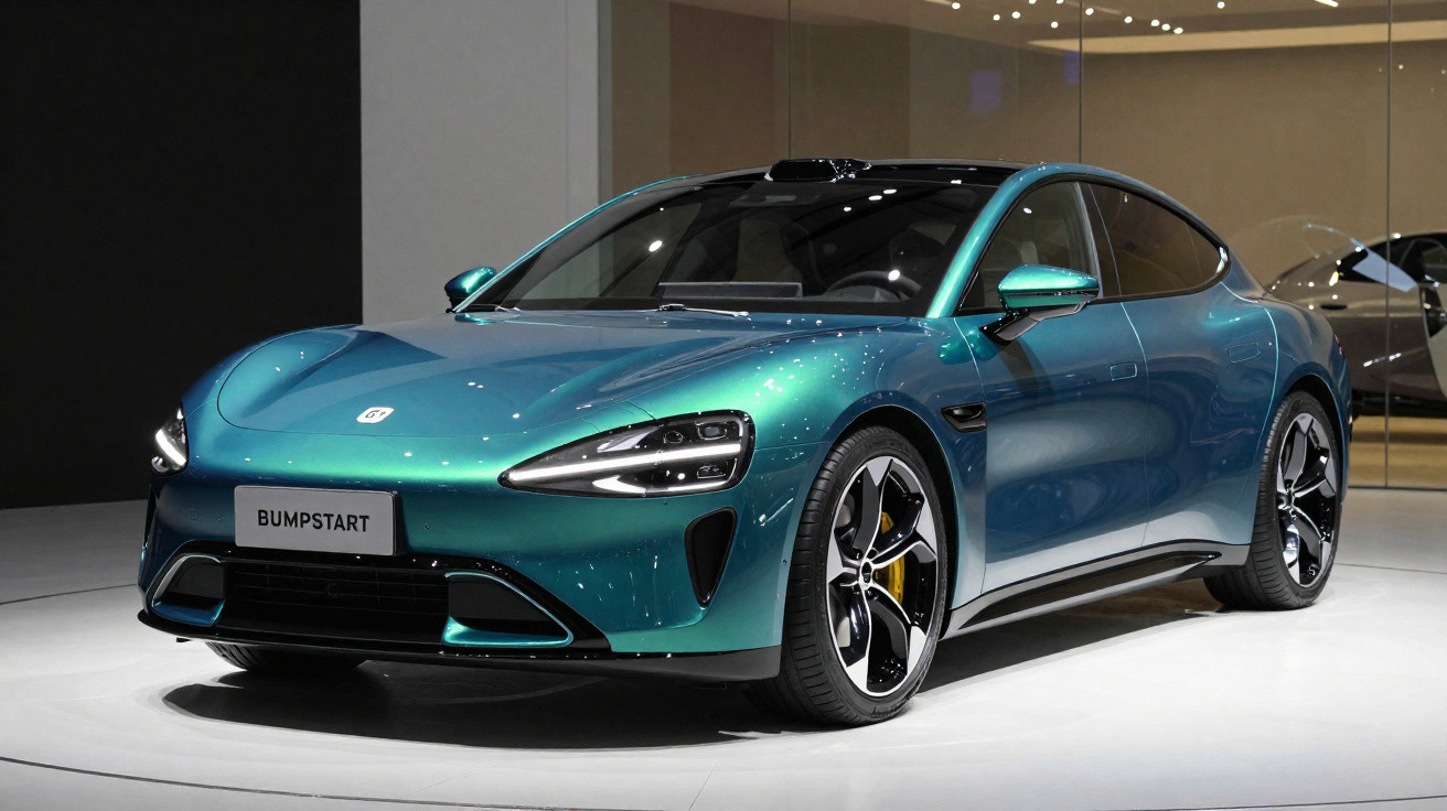 Carro esportivo elétrico azul metálico exibido em salão com iluminação moderna e rodas pretas com detalhes prateados.