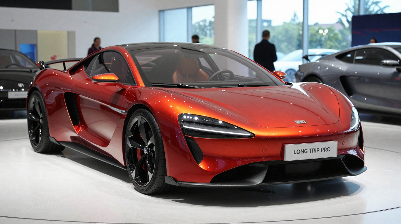 Carro esportivo vermelho metálico McLaren Long Trip Pro em exposição interna com outras pessoas ao fundo.