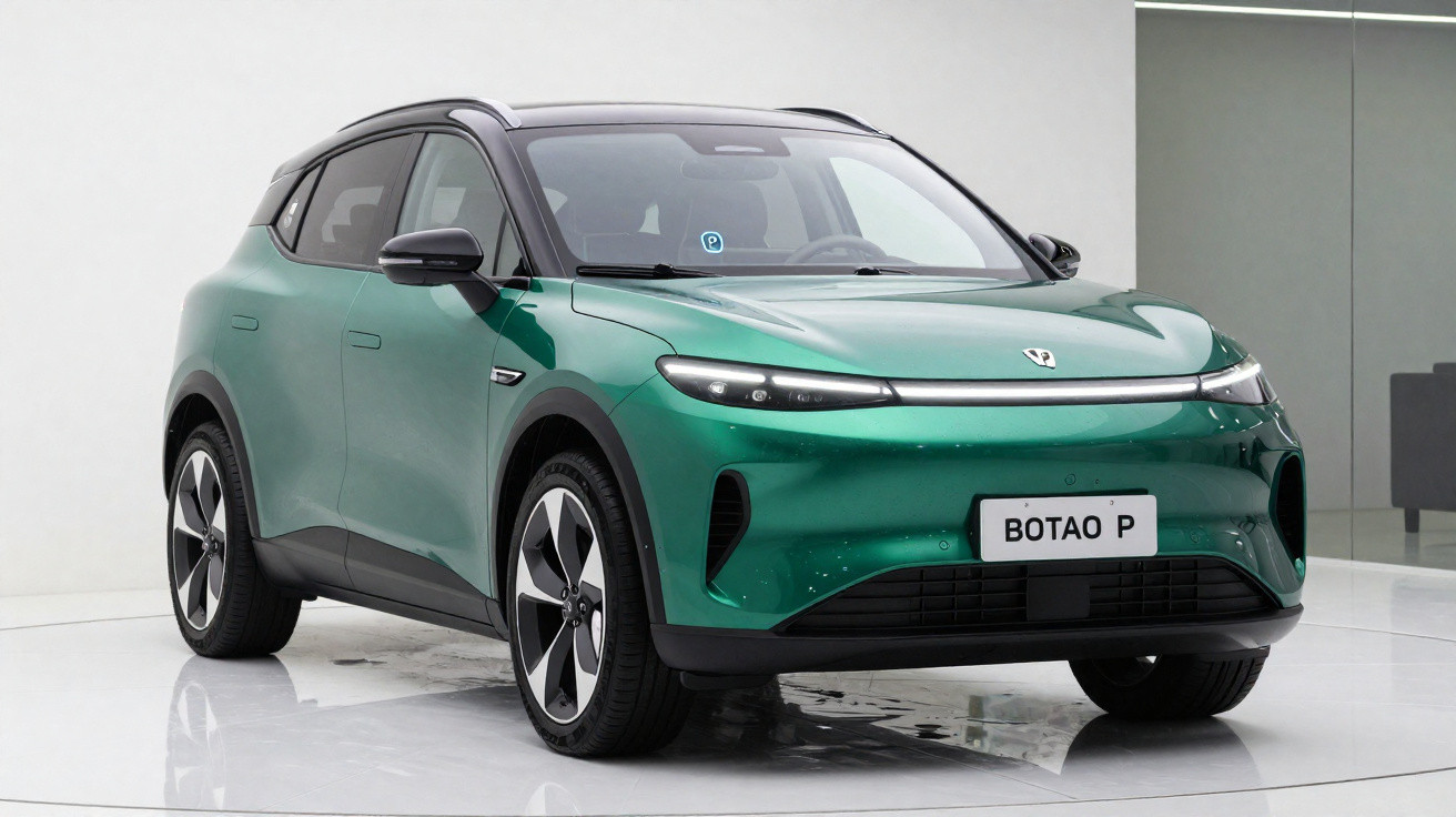 Carro elétrico SUV verde em ambiente interno com design moderno e faróis estreitos.