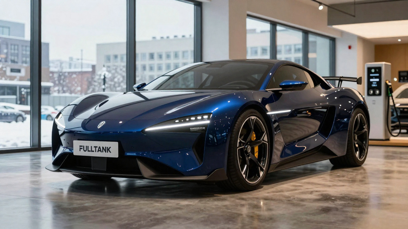 Carro esportivo elétrico azul escuro estacionado em showroom moderno e iluminado.