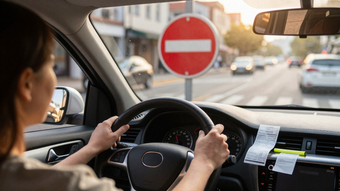 Pessoa dirigindo carro com placa de proibido entrada visível à frente na rua em ambiente urbano.