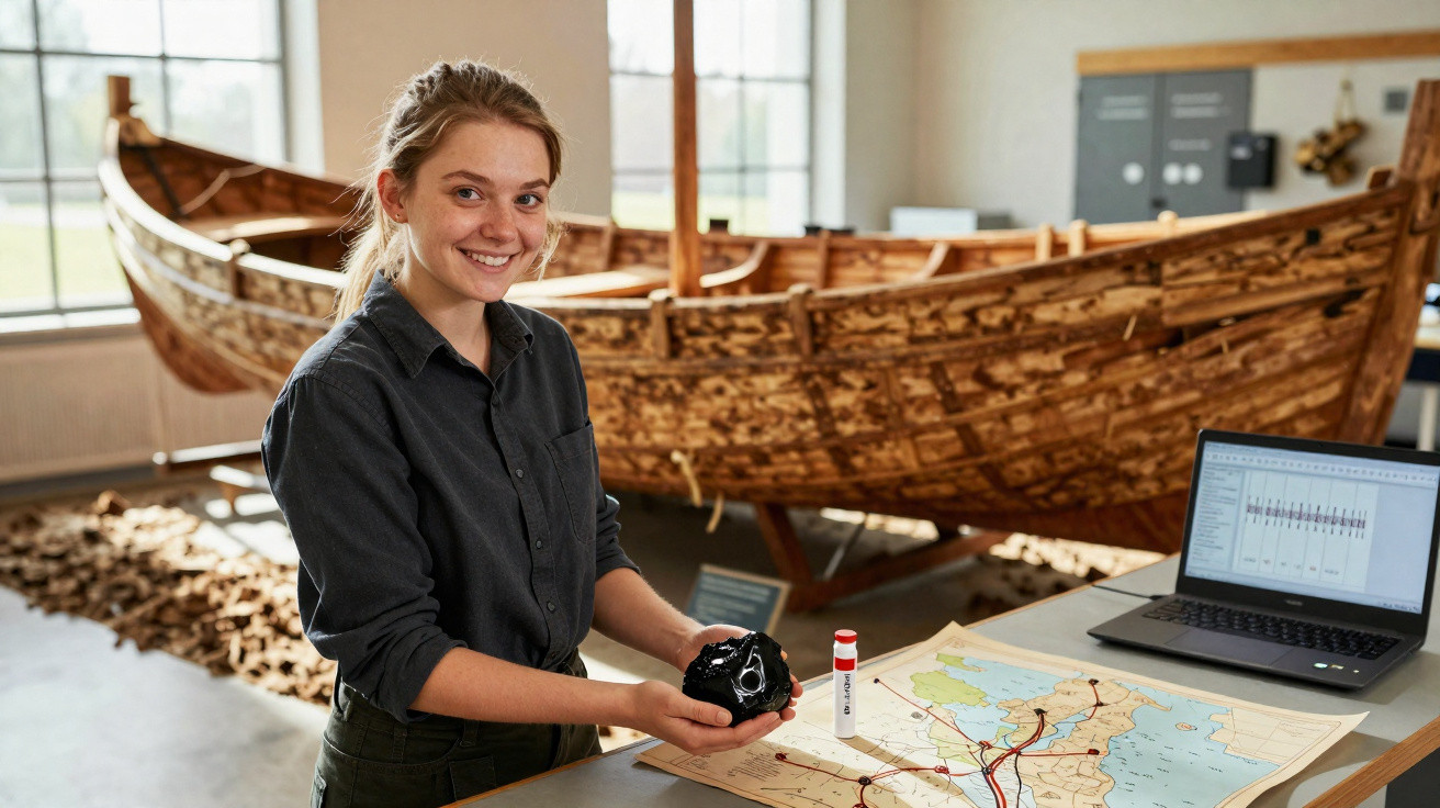 Mulher sorridente segura objeto em oficina com barco de madeira e mapa sobre mesa ao lado de laptop.