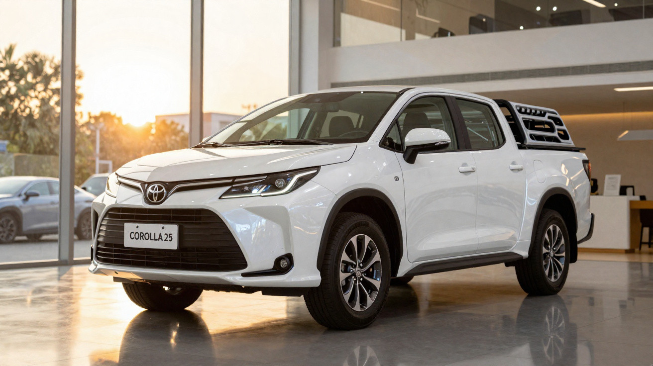 Picape branca Toyota Corolla 25 exibida em showroom com iluminação natural ao entardecer.