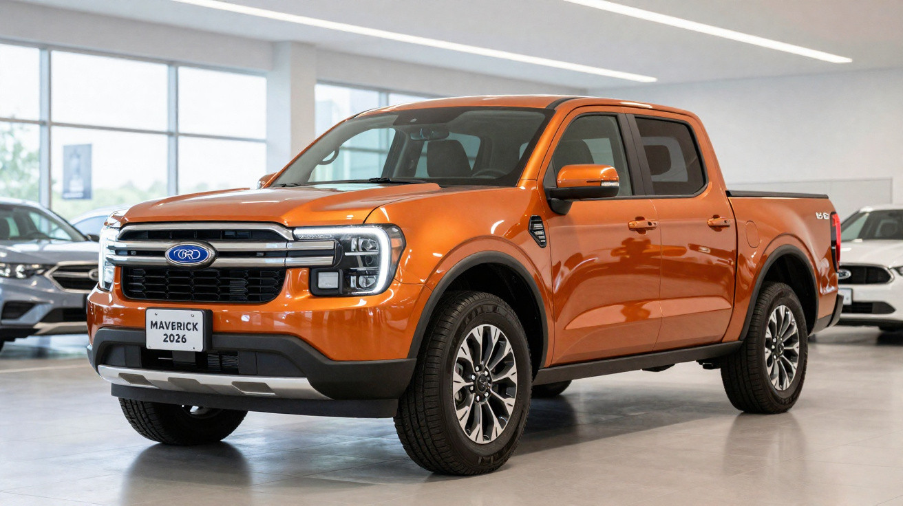 Picape Ford Maverick 2026 laranja em exposição interna com design moderno e robusto.