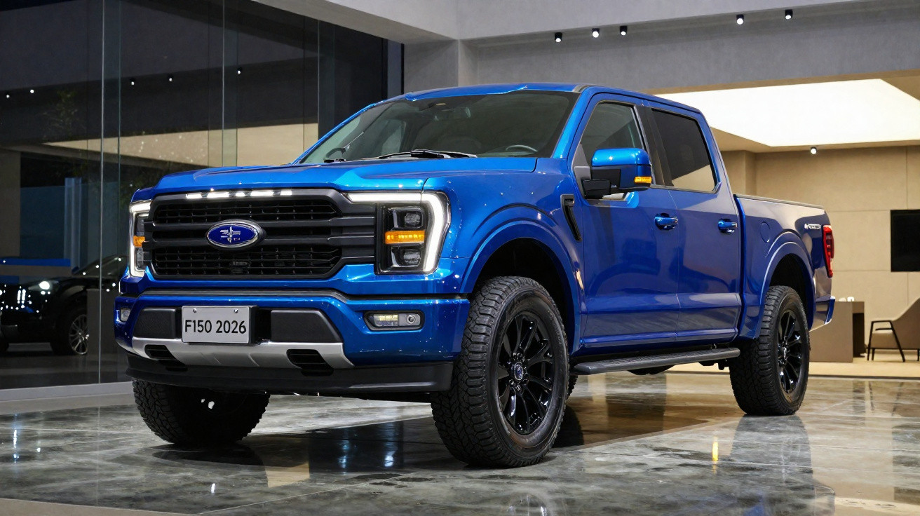 Picape Ford F-150 2026 azul em exposição interna com rodas pretas e faróis acesos.