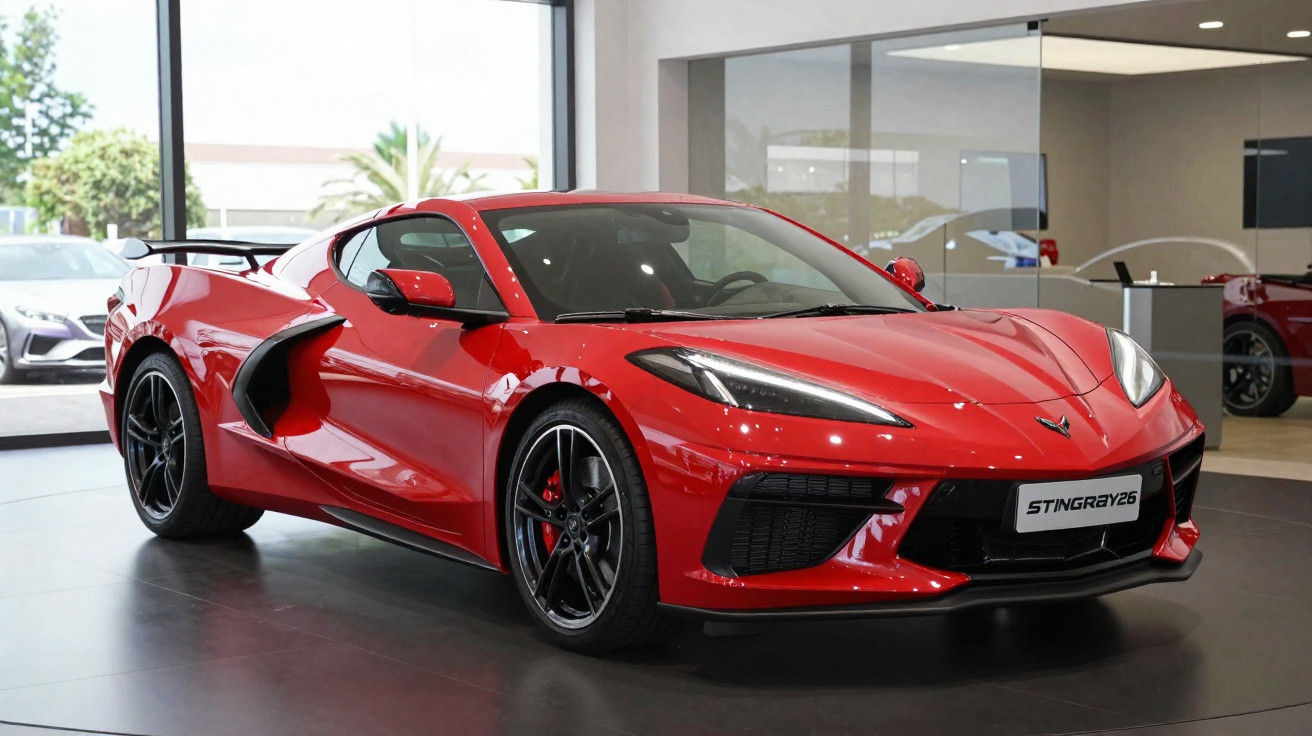 Carro esportivo Chevrolet Corvette Stingray vermelho exibido em showroom moderno e iluminado.