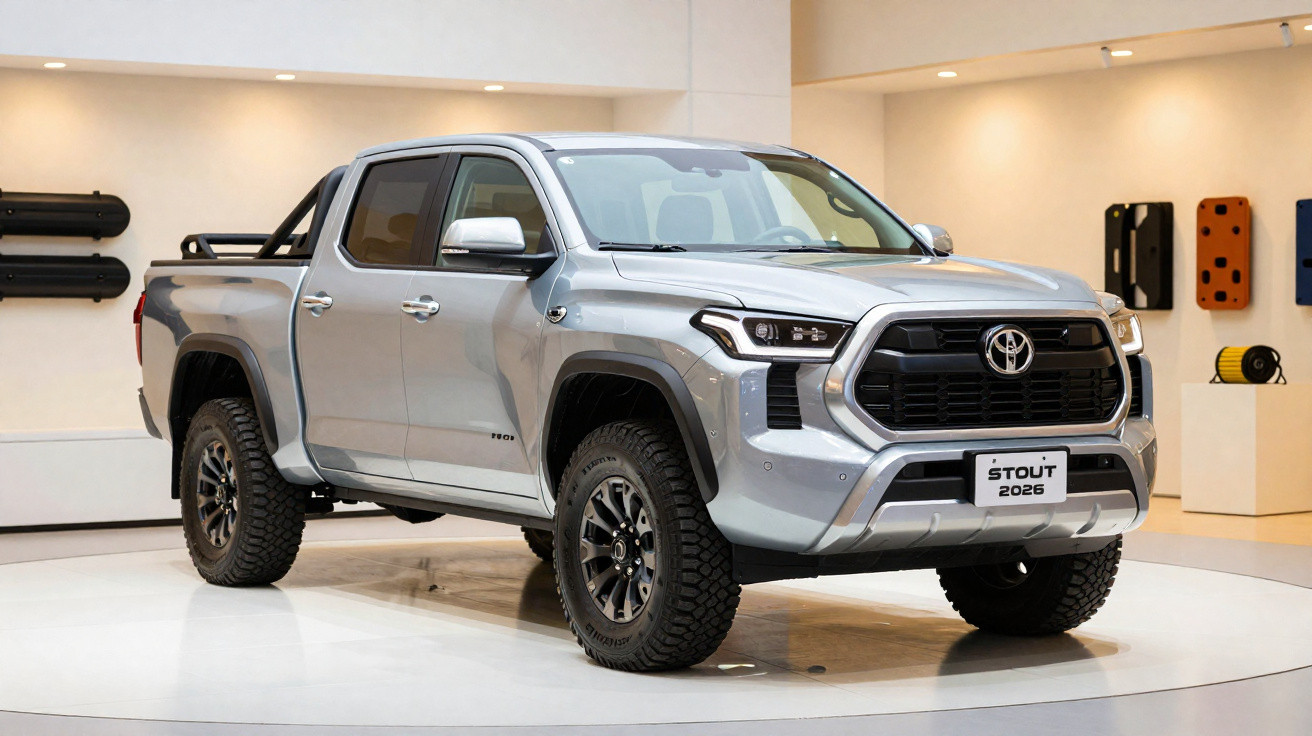 Picape Toyota Stout prata exibida em estande, com pneus off-road e design robusto.