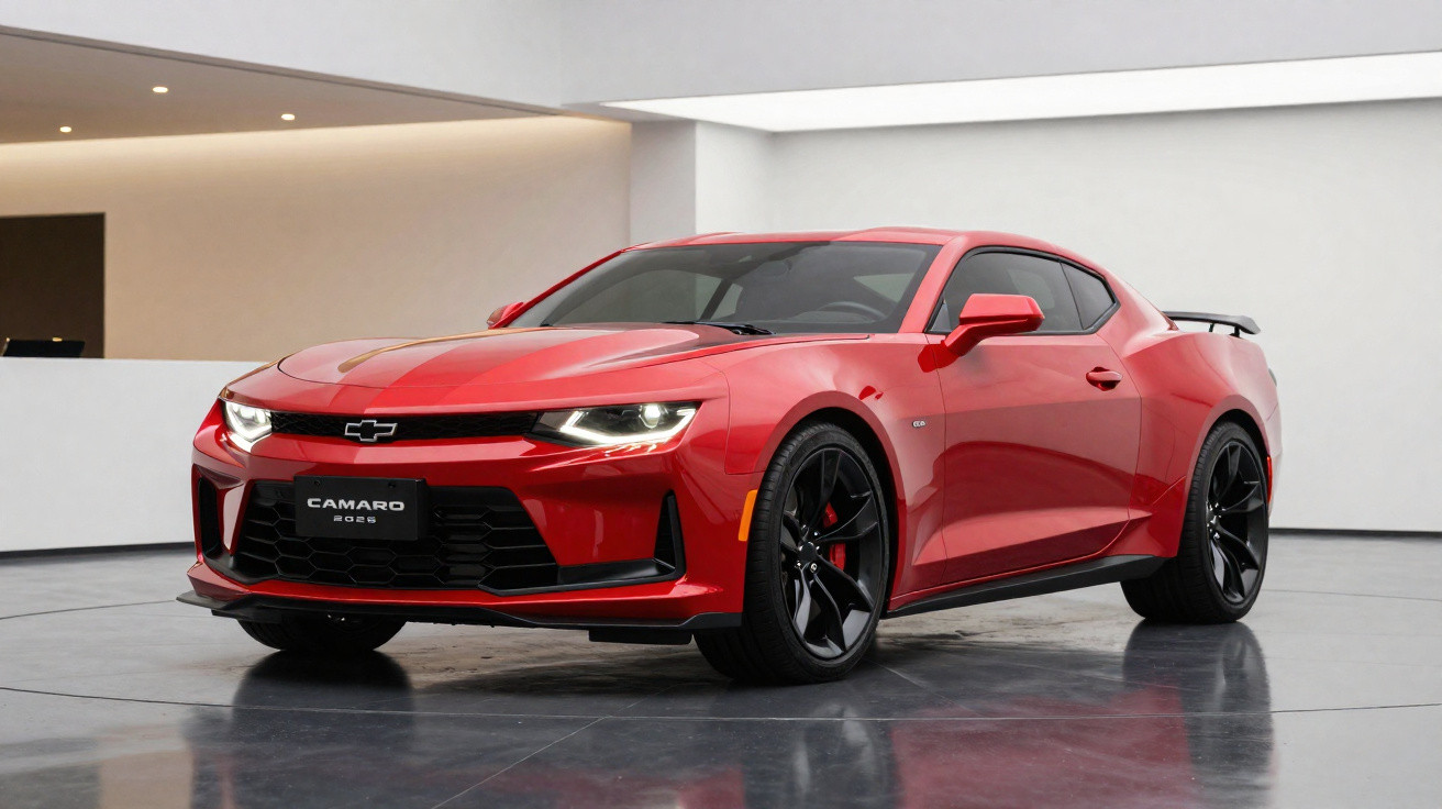 Carro esportivo Chevrolet Camaro vermelho estacionado em ambiente interno moderno e minimalista.