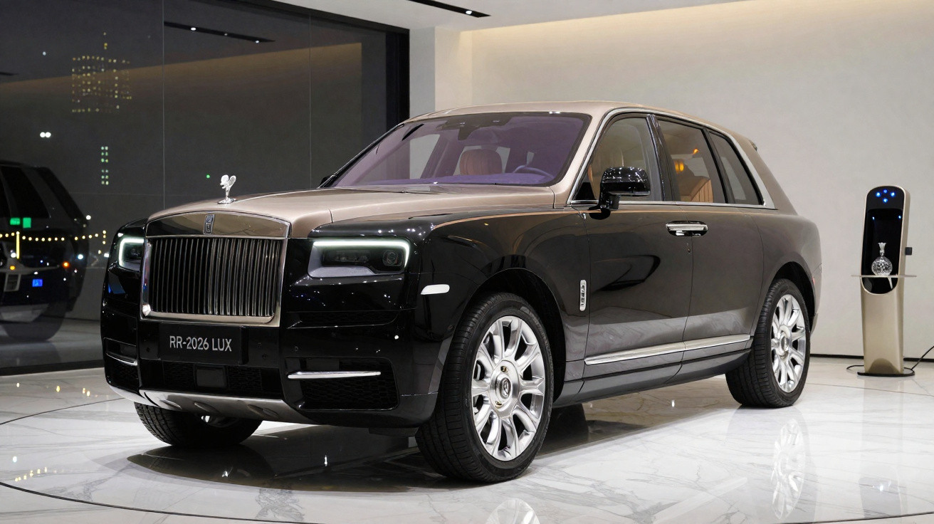 Carro de luxo preto e prata, Rolls-Royce Cullinan, exibido em ambiente interno moderno.