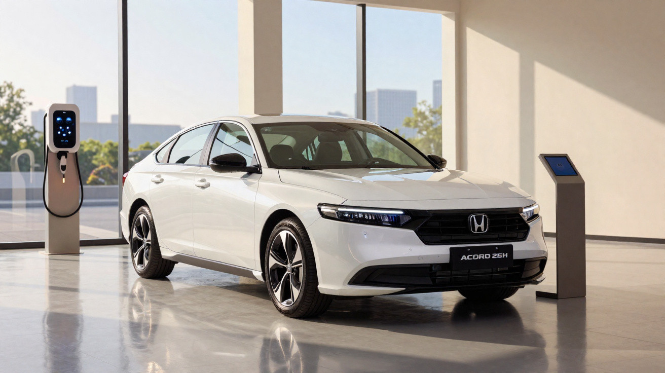 Carro elétrico branco Honda Accord 26H em ambiente interno moderno, próximo a estação de recarga.