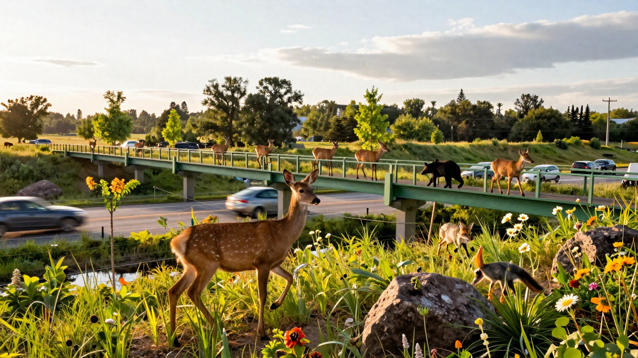 Veados, raposas e urso atravessando passarela verde sobre estrada movimentada ao entardecer.