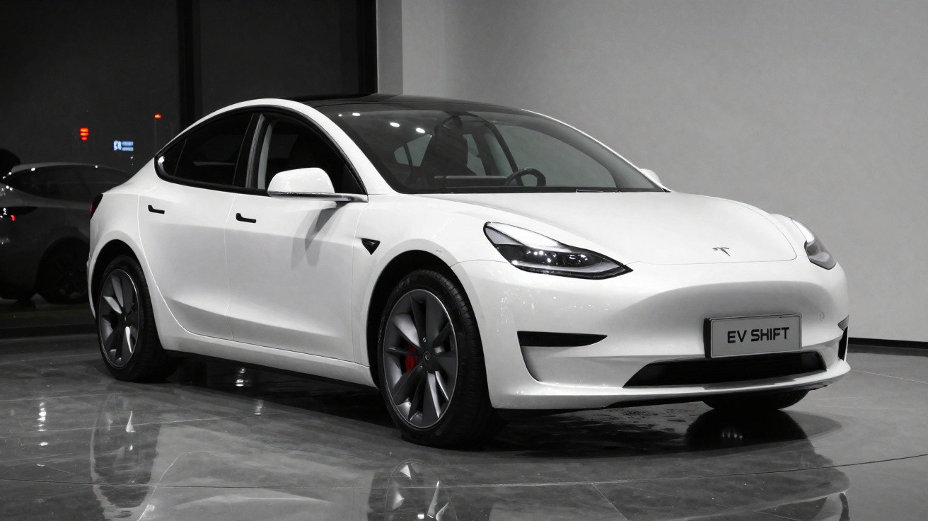 Carro elétrico branco Tesla Model 3 estacionado em piso refletivo dentro de showroom moderno.