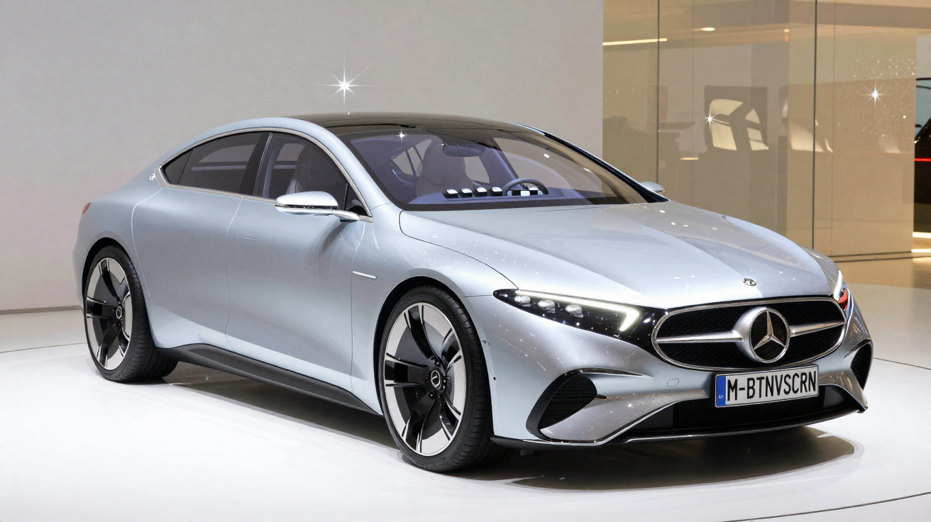 Carro esportivo prata Mercedes-Benz elétrico em exposição em ambiente interno moderno.