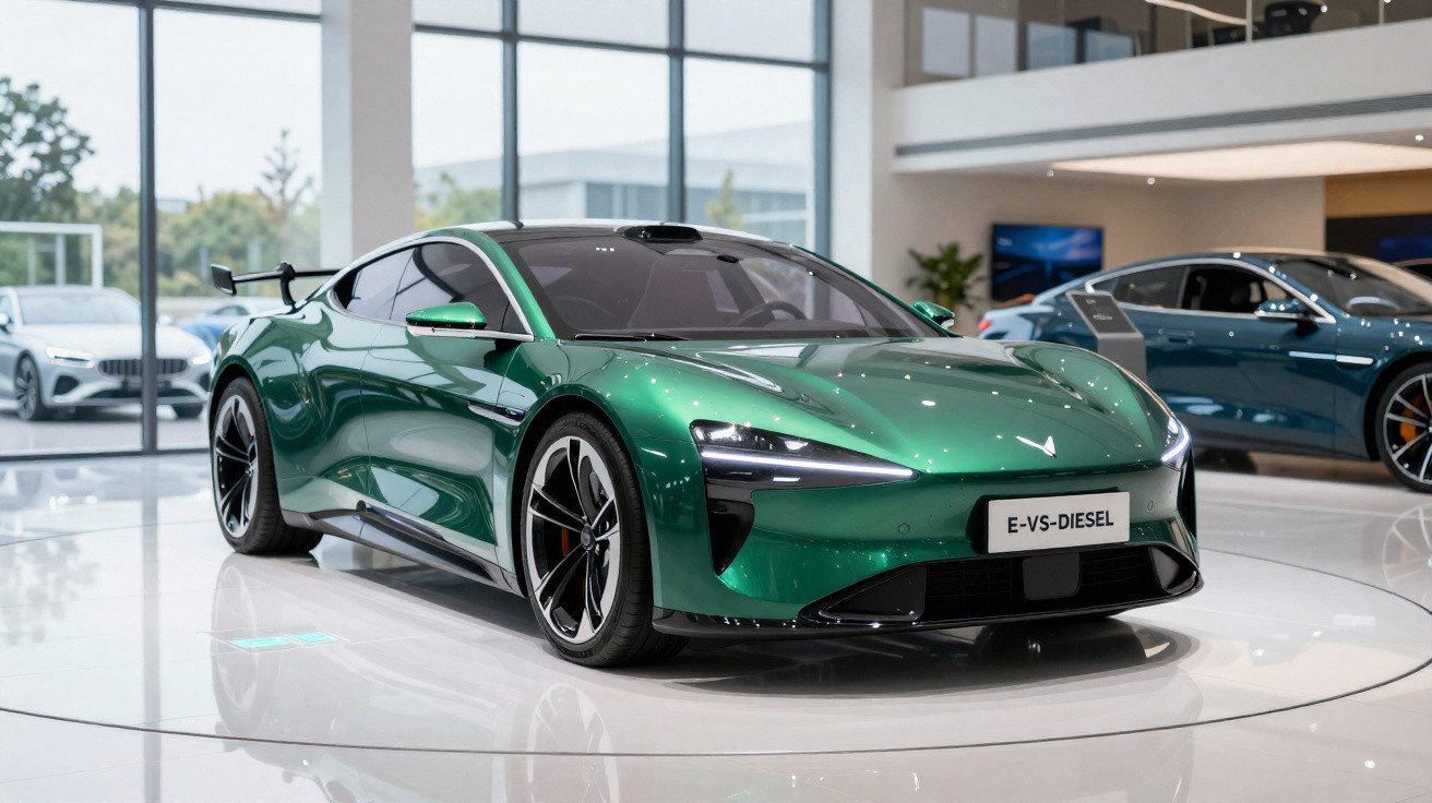 Carro esportivo verde metálico exposto em salão automotivo moderno com vidro e iluminação natural.