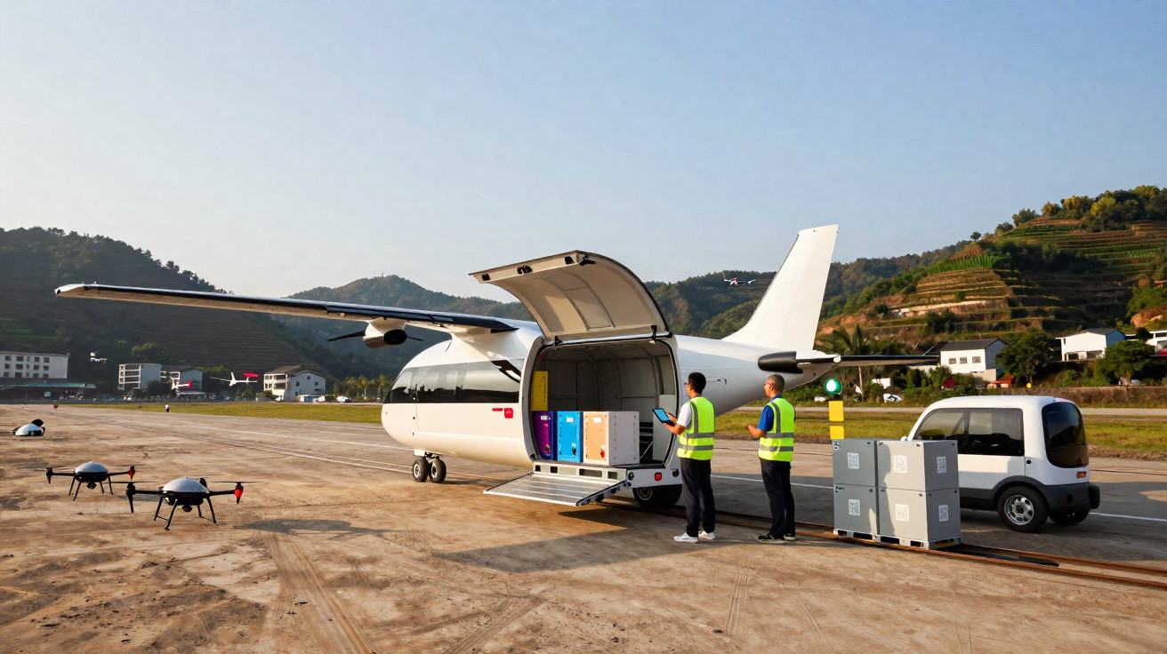 Avião de carga com porta traseira aberta, dois trabalhadores com coletes refletivos e drones ao lado.
