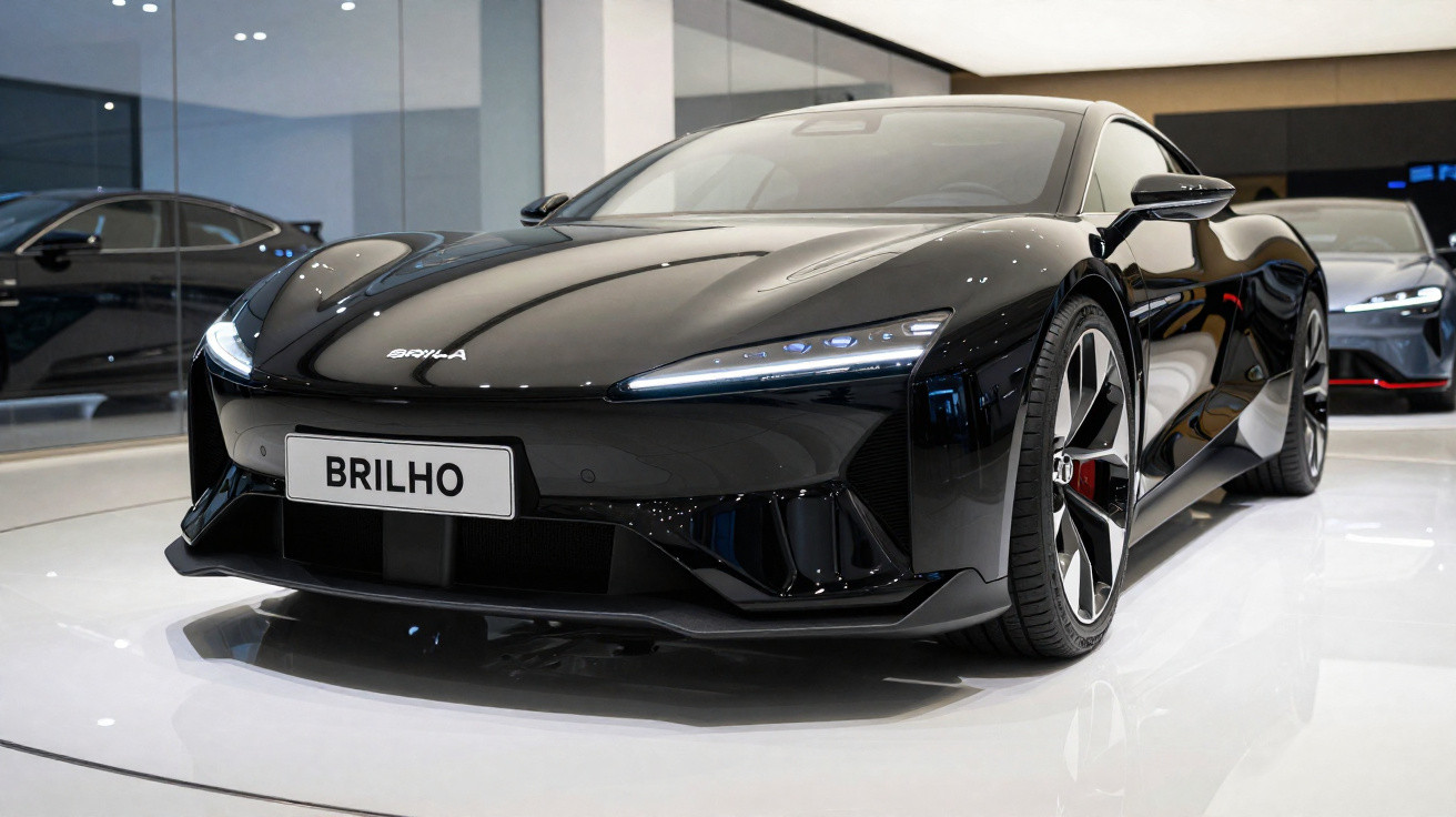 Carro esportivo preto brilhante com placa personalizada "BRILHO" em exposição em showroom moderno.