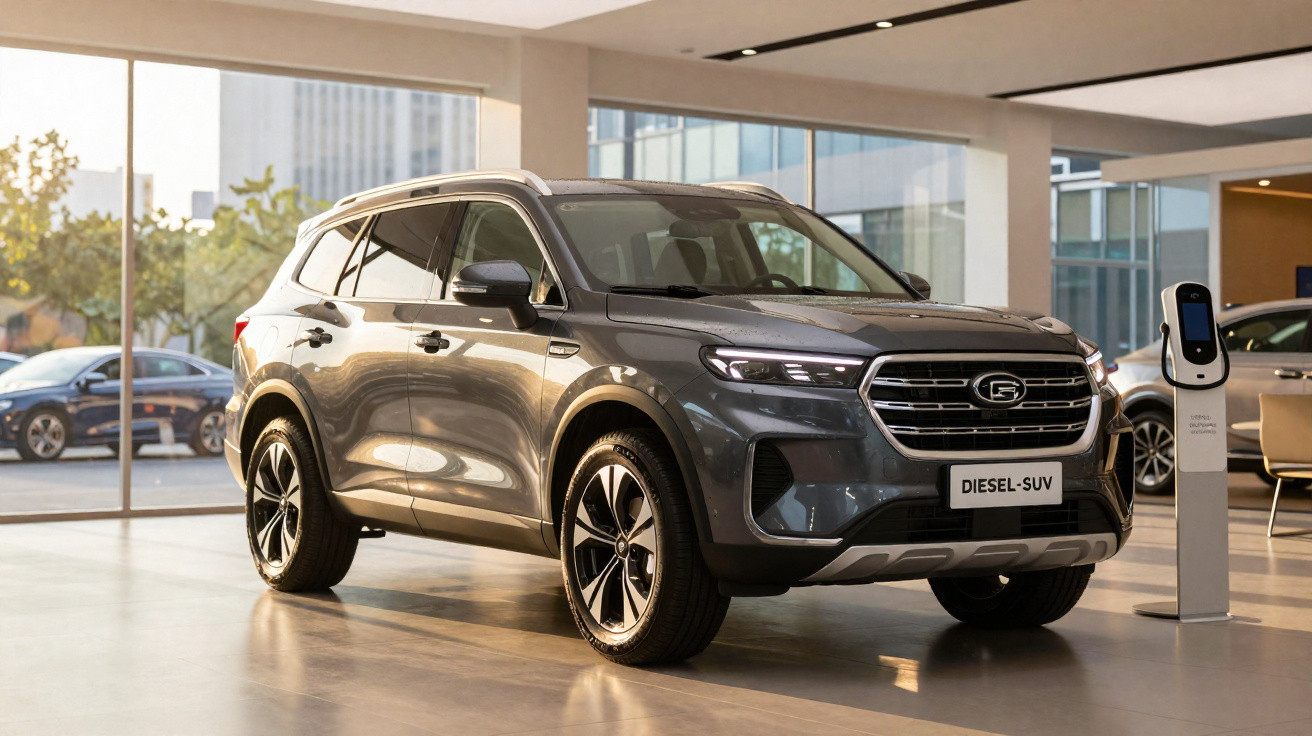 SUV cinza estacionado dentro de showroom moderno com iluminação natural e estrutura de vidro ao fundo.