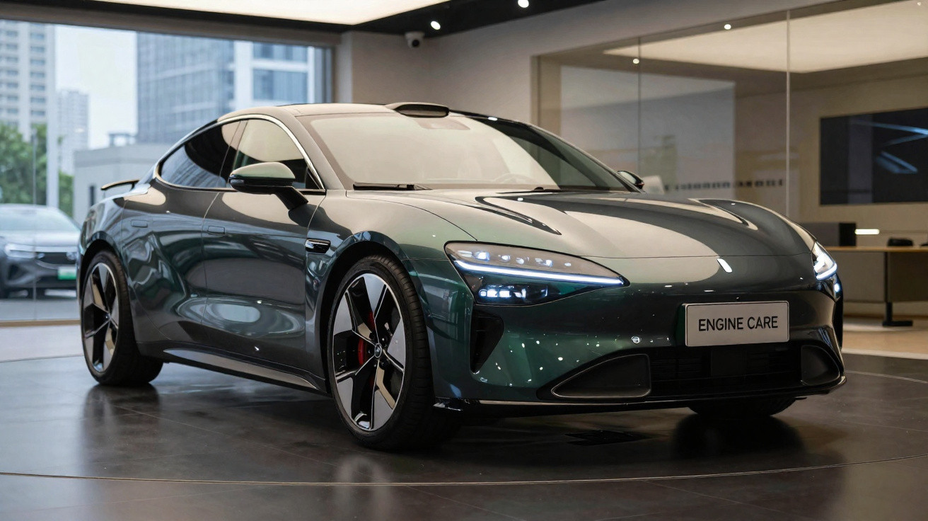 Carro esportivo elétrico verde escuro estacionado em showroom moderno com iluminação branca.