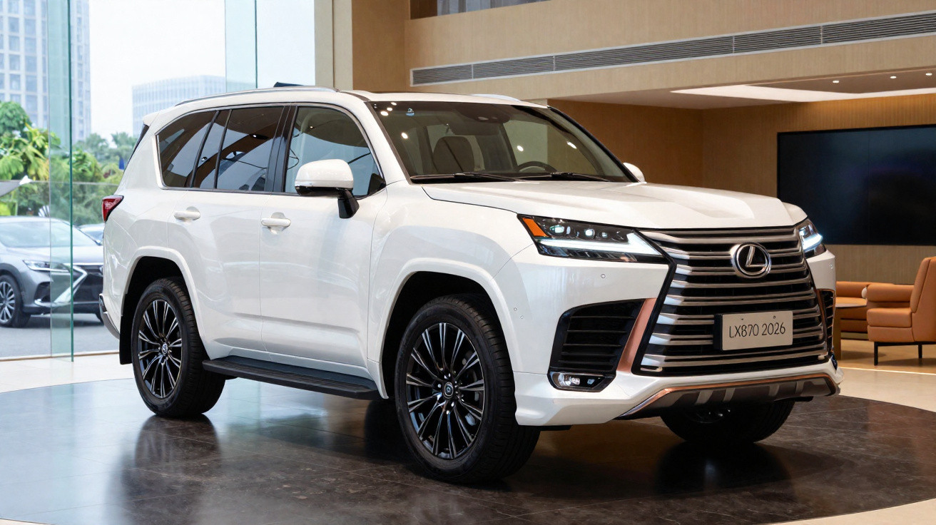 SUV Lexus LX870 2026 branco exibido em showroom moderno com grandes janelas de vidro.